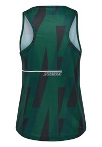 Grünes ärmelloses Tanktop mit einem geometrischen Muster in dunklen und hellen Farbtönen, ausgestattet mit einem weißen Logo über der Brust und Netzpaneelen.