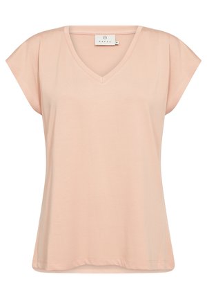 Svijetlo ružičasta majica s V-izrezom i kratkim rukavima. Izrađena od mekanog materijala s opuštenim krojem, s glatkom teksturom i suptilnim detaljima šivanja.