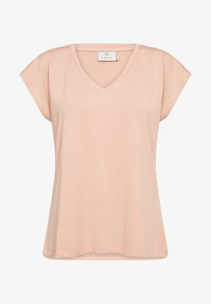 Lyserød V-hals t-shirt med korte ærmer. Fremstillet af blødt stof med en afslappet pasform, der har en glat overflade og diskrete syningsdetaljer.