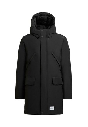 Parka nera con cappuccio, realizzata in materiale morbido. Presenta due grandi tasche frontali e un'etichetta bianca del marchio nella parte inferiore.