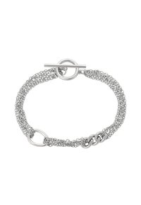 Bracciale in catena multi-strand in argento con chiusura a toggles e tre anelli ovali lucidati su un lato.