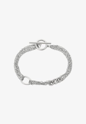 Ezüst, többrétegű lánc karkötő, kapcsolóval, az egyik oldalán három sima ovalis láncszemmel.