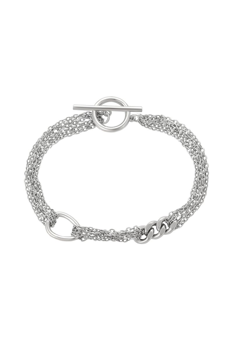 Bracciale in catena multi-strand in argento con chiusura a toggles e tre anelli ovali lucidati su un lato.