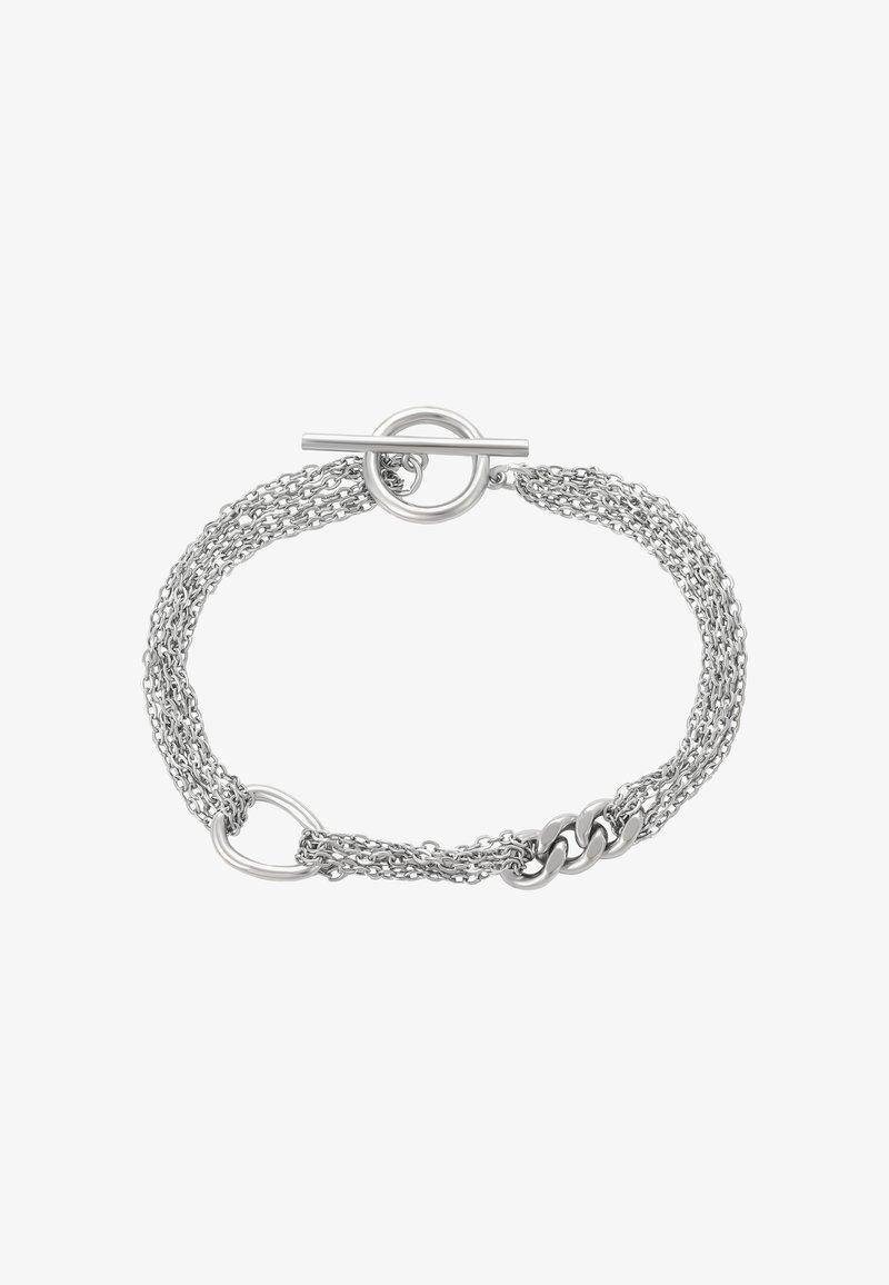 Stříbrný náramek z více pramenů s otočným zapínáním a třemi leštěnými oválnými články na jedné straně.