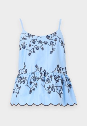 Light blue sleeveless top with thin straps, black floral vine embroidery, gathered waist, and scalloped hem.