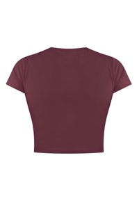 Bordeauxrotes, kurzes T-Shirt, kurze Ärmel, runder Ausschnitt, glatte Textur, einfarbig, ohne Muster oder Verzierungen, Rückansicht gezeigt.