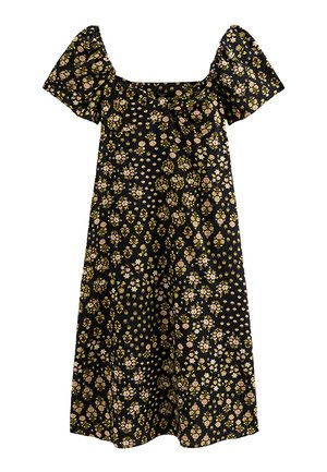 Black short-sleeve dress with a square neckline, featuring a floral pattern of small pink and green flowers throughout.