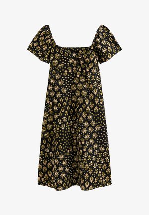 Black short-sleeve dress with a square neckline, featuring a floral pattern of small pink and green flowers throughout.