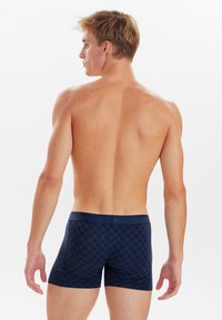 Námořnické boxerky s kostkovaným vzorem, elastickým pasem a hladkým povrchem, které nosí model otočený zády, ukazující zadní a boční profil.