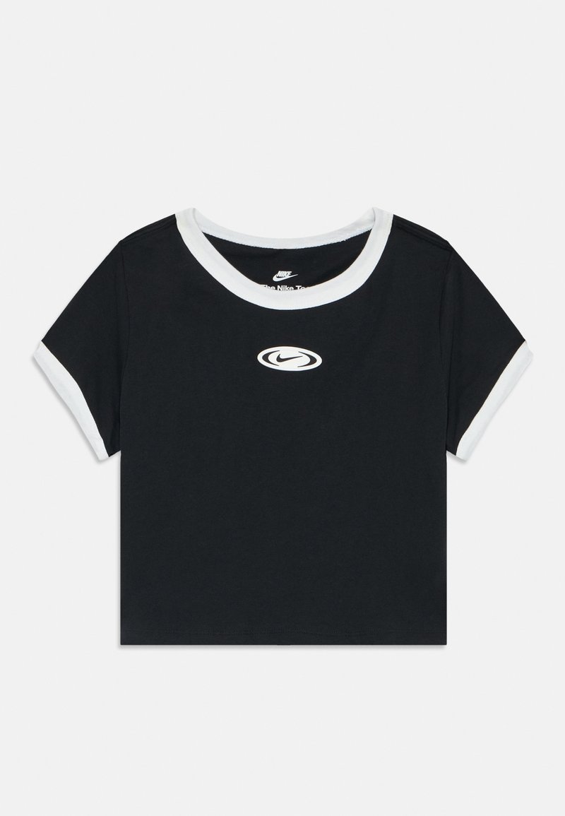 Juoda trumpa marškinėlių su balta apykakle ir rankovių kraštais, viduryje esantis baltas Nike logotipas. Lygus medvilnės audinys, laisvas pjūvis.