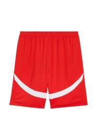 Shorts atletici rossi, realizzati in tessuto leggero; presentano un design a strisce diagonali bianche; vita elasticizzata per comfort e vestibilità.