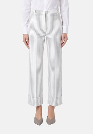 Pantaloni bianchi con sottili righe verticali blu, orli larghi risvoltati, indossati con tacchi grigi a punta e camicia bianca abbottonata.