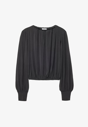 Blusa negra de manga larga con escote, dobladillo y puños elásticos fruncidos, presenta un ajuste suelto y ligeramente abombado.