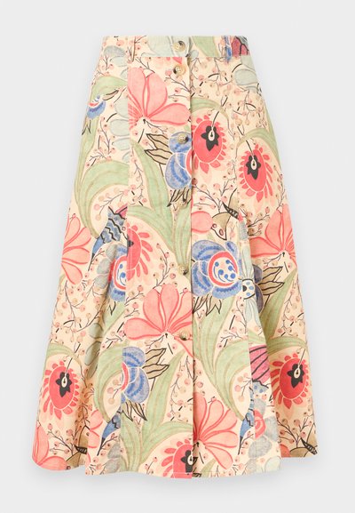 Πλεχτή φούστα σε σχήμα A με κουμπιά μπροστά, με μεγάλο λουλουδάτο μοτίβο σε ροζ, μπλε, πράσινους και μπεζ τόνους σε ανοιχτό φόντο.