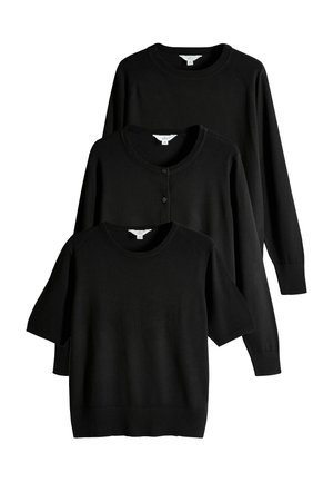 Drei schwarze Pullover, übereinander gestapelt: ein Kurzarmpullover, eine Knopfabdeckung und ein Langarmdesign. Stricktextur, unterschiedliche Ärmelänge.