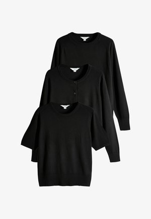 Drei schwarze Pullover, übereinander gestapelt: ein Kurzarmpullover, eine Knopfabdeckung und ein Langarmdesign. Stricktextur, unterschiedliche Ärmelänge.