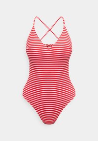 Ολόσωμο μαγιό με οριζόντιες κόκκινες και λευκές ρίγες, λεπτές διασταυρωμένες τιράντες στους ώμους και μικρό κόμπο μπροστά.