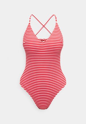 Maillot de bain une pièce rayé horizontal rouge et blanc avec fines bretelles croisées à l'épaule et un petit nœud à l'avant.