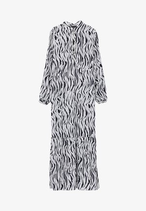 Langærmet, knap-op midi-kjole med sort og hvidt zebra-print og indsamlet sømdetalje over kanten.