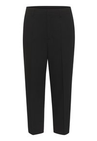 Pantalons noirs ajustés avec une texture lisse, design à jambes droites, détail de pli et poches latérales, dotés d'une taille standard.