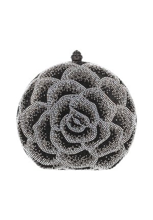 Schwarze ovale Clutch, verziert mit silbernen Strasssteinen in Rosenmuster, mit einem dekorativen Verschluss oben und einer strukturierten Oberfläche.