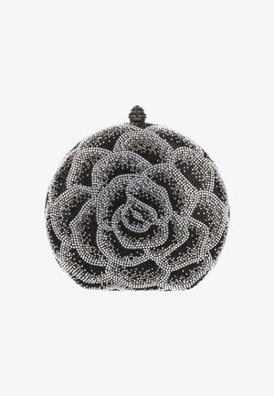 Schwarze ovale Clutch, verziert mit silbernen Strasssteinen in Rosenmuster, mit einem dekorativen Verschluss oben und einer strukturierten Oberfläche.