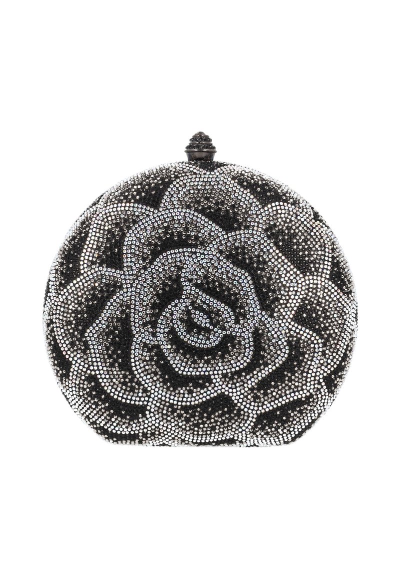Zwarte ovale clutch versierd met zilveren strass-steentjes in een rozenpatroon, voorzien van een decoratieve sluiting aan de bovenkant en een textuur op het oppervlak.