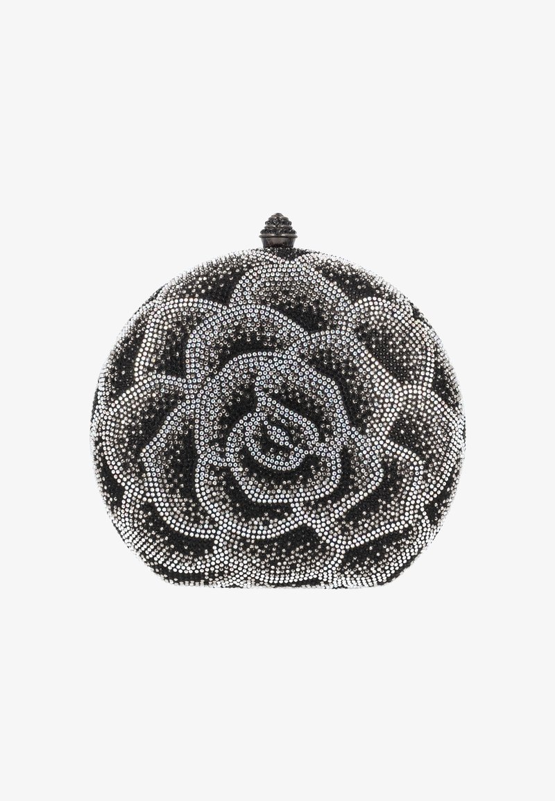 Zwarte ovale clutch versierd met zilveren strass-steentjes in een rozenpatroon, voorzien van een decoratieve sluiting aan de bovenkant en een textuur op het oppervlak.