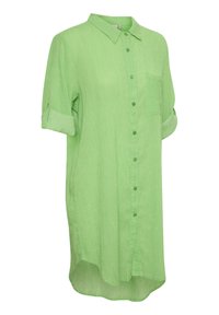 Robe-chemise vert clair, longueur au genou, boutonnée, manches retroussées, col pointu et poche poitrine à gauche.