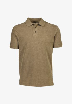 Short-sleeve polo shirt in khaki, with a textured fabric, three-button placket, and a standard collar. Casual fit.