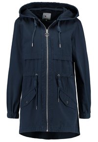 Manteau long bleu marine avec capuche, fermeture éclair à l'avant, cordons de serrage réglables, deux poches avant et poignets élastiques. Texture de tissu lisse.