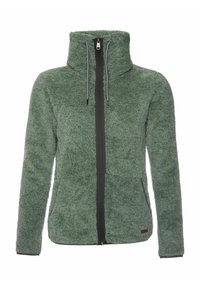 Fleecowa kurtka w miękkim zielonym kolorze z wysokim kołnierzem, zamkiem błyskawicznym i dwiema bocznymi kieszeniami. Zawiera kontrastowy szary zamek błyskawiczny i akcenty dla dodatkowego detalu.