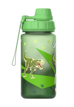 Green water bottle with dinosaur illustrations and dinosaur footprints, featuring a wide cap and attached carrying loop.