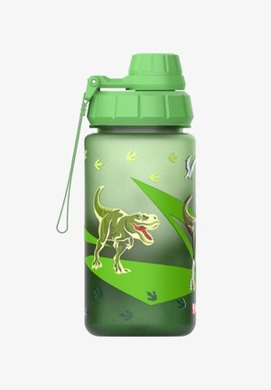 Grüne Wasserflasche mit Dinosaurierillustrationen und Dinosaurierabdrücken, ausgestattet mit einem breiten Deckel und einer befestigten Tragelasche.