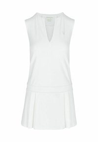 Witte mouwloze jurk met een V-hals, geplooide rok en een aansluitende taille. Gemaakt van een soepele stof met subtiele decoratieve stiksels.