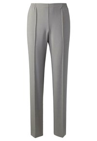 Grijze stretchbroeken met een elastische tailleband, met een rechte pijpdesign en subtiele plooidetails aan de voorkant.