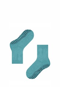 Türkise Knöchelsocken aus weichem Material, mit strukturierten, rutschfesten Griffen auf der Sohle und einem gerippten Bunddesign.