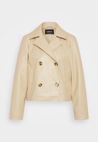 Beige cropped faux leren double-breasted jas met brede revers, vier schildpadknopen en zijzakken.