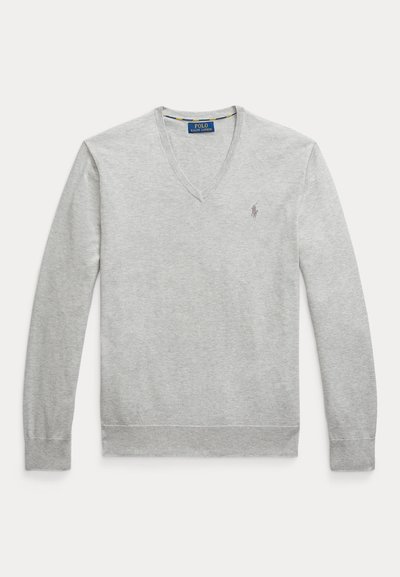 Lichtgrijze trui met lange mouwen en V-hals, met klein Polo Ralph Lauren-logo geborduurd op de linkerborst.