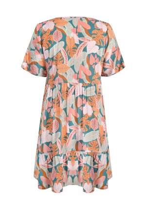 Vestido de manga corta, a la altura de la rodilla, con un fondo verde azulado y un patrón de hojas colorido en rosa, naranja y verde. Diseño de dobladillo acampanado.