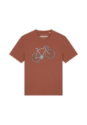 Kortemouwen T-shirt in roestkleur met een gedetailleerde blauwe fietsafbeelding, gecentreerd op de voorkant.