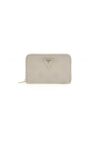 Portafoglio con zip grigio chiaro, caratterizzato da un design in rilievo, una placca con logo in tono oro e una finitura testurizzata. Forma rettangolare compatta con chiusura a zip.