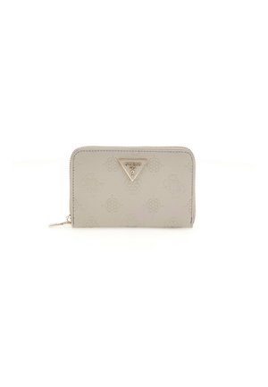 Portafoglio con zip grigio chiaro, caratterizzato da un design in rilievo, una placca con logo in tono oro e una finitura testurizzata. Forma rettangolare compatta con chiusura a zip.