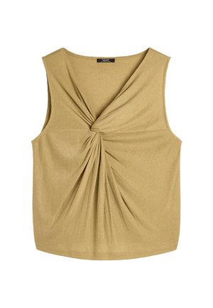 Khaki bezrękawnik o prążkowanej fakturze, z skręconym wzorem z przodu i okrągłym dekoltem. Miękka tkanina w luźnym kroju.
