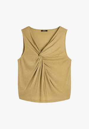 Khaki bezrękawnik o prążkowanej fakturze, z skręconym wzorem z przodu i okrągłym dekoltem. Miękka tkanina w luźnym kroju.