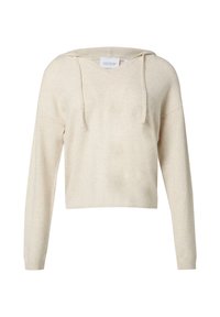 Helle beige Kapuzenpullover aus weichem Stoff. Verfügt über einen V-Ausschnitt, einen Kordelzug und lange, leicht übergroße Ärmel. Einfaches, lässiges Design.