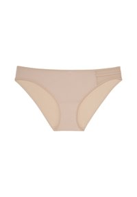 Sous-vêtements en mélange de coton beige avec une texture côtelée et des panneaux latéraux lisses, conçus avec une taille modérée et des détails de couture subtils.