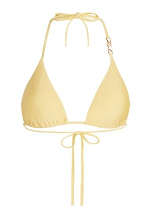 Haut de bikini jaune en tissu lisse, avec des liens réglables noués autour du cou et une bande froncée. Comprend un accent décoratif doré.