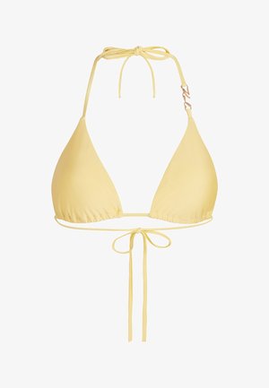 Gelbes Bikinioberteil in Dreiecksform aus glattem Stoff mit verstellbaren Neckholder-Bändern und gerafftem Unterbrustband. Mit dekorativem Goldakzent.