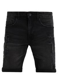 Pantalones cortos de mezclilla negra con un diseño desgastado, que presenta detalles rasgados en la parte frontal, dobladillos enrollados y un estilo de cinco bolsillos.